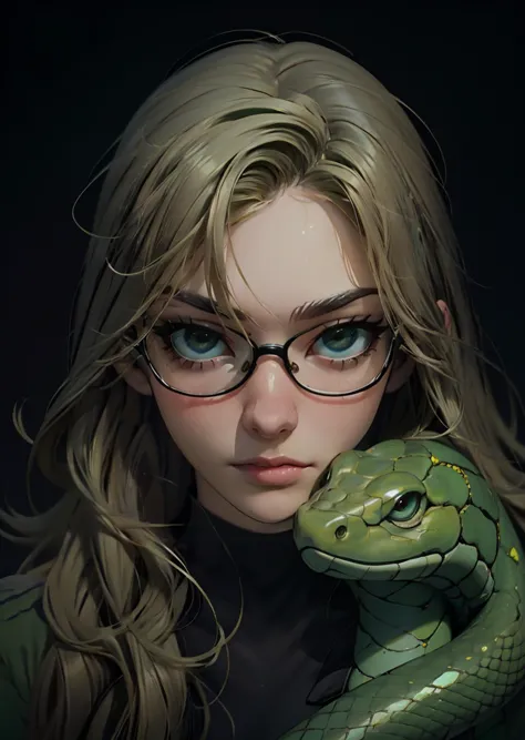 A girl with glasses, Realistic girl face, surrounded by many green snake, barroco, anime aesthetic,Giant green snake. snake fill...