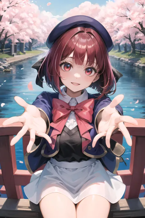 (masterpiece, best quality, glowing light, glistening, shiny skin, ultra detailed, detailed background, complex background),(perfect face, detailed face, detailed eyes,perfect hands,perfect fingers), (medium boobs:1.2,smile),(mature female:1.4),cowboy shot,thicc,
kana,short hair,((gradient hair)),multicolored eyes, gradient eyes, (glowing eyes:1.1), mascara, (fashion make up), parted lips,skirt, shirt, long sleeves, hat, bow,school uniform, jacket,collared shirt, bowtie, red bow,white skirt, blue jacket,blue headwear,
((middle of japanese countryside,japanese bridge,over the bridge,river,cherry trees,cherry petals,dark blue sky)),((super detailed background)), dynamic poses, ((8k wallpaper)) , <lora:Kana:1>