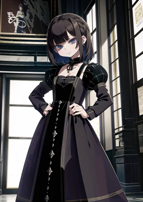 ((Masterpiece, best quality)), edgQuality,((dark hair)),hands on hip,smirk,smug, edgRenaissance, a woman in a dress posing for a...