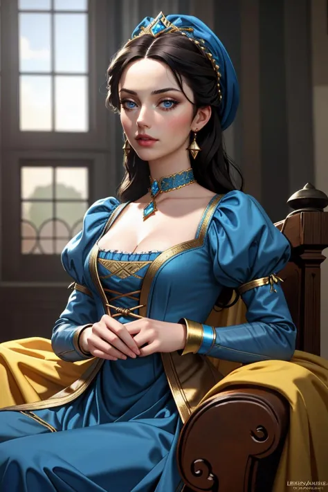 ((Masterpiece, best quality)), edgQuality,dark hair,
edgRenaissance, a woman in a blue dress with gold lining  ,wearing edgRenai...