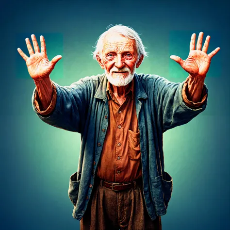 Old man with his hands outstretched, realistic