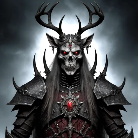 An undead humanoid reindeer death knight in corroded ancient plate armor holding a vile runeblade with both hoofs, glowing red eyes, decaying broken antlers, gothic feel and styling, concept art with inspration from Luis Royo and Gustave Dore and Albrecht Durer and Paul Dainton and Clyde Caldwell, eerie, foreboding, isolating, horror, hyperdetailed, intricate,
