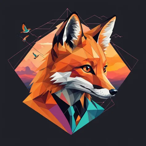 a majestic fox, in a minimalist geometric style, with cyberpunk colors  clouds, birds in the background, Neil Gaiman, trending on artstation