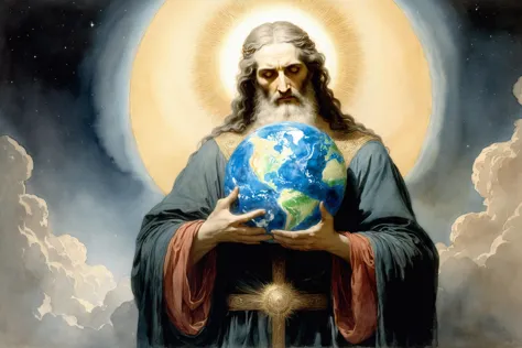 beautiful watercolor painting of God holding the Earth and looking at it pensively. by Ivan Kramskoi