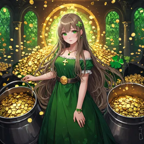 a woman in a green dress standing in a room full of gold coins