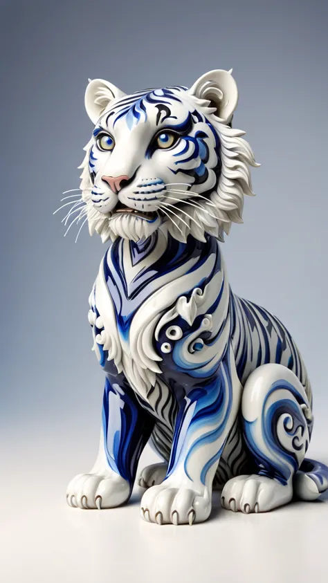 there is a white and blue tiger statue sitting on a table