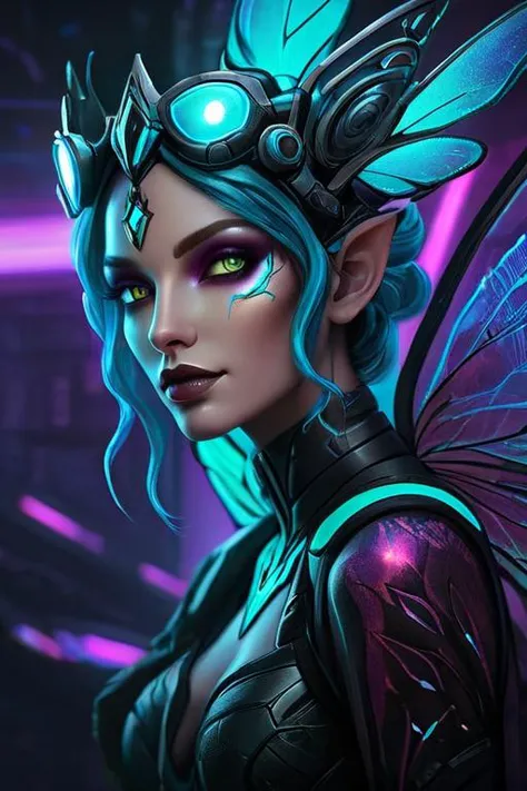 photography of a cute and creepy fairy, perfect face, intricate details, realism, colorful cyberpunk <lora:LeagueofLegSDXL:0.8> LoL Style