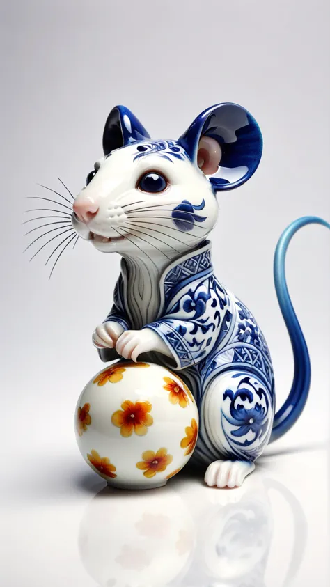 there is a small blue and white rat sitting on a ball