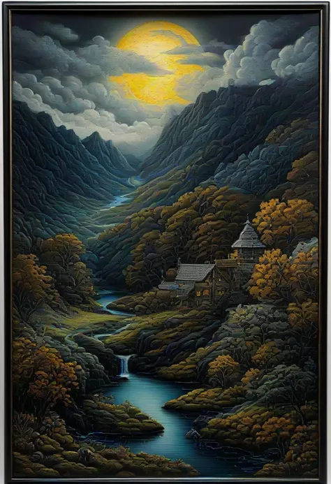 painting of a mountain landscape with a river and a house