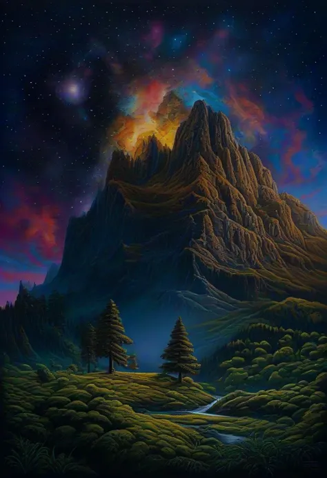 a painting of a mountain with a stream running through it