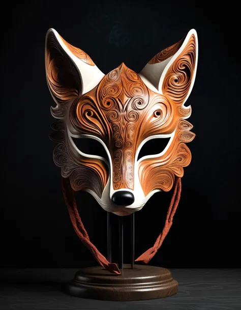 Fox mask Surreal Imaginative creation Textured Fluid contours Engineered Ornate stand Dark background abundance