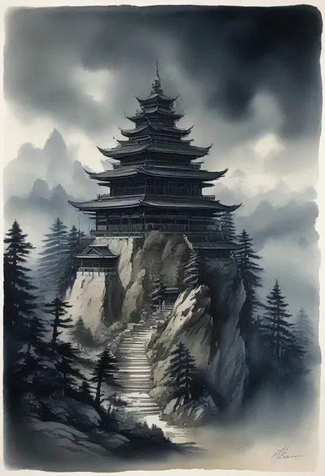 a painting of a pagoda on a mountain with a cloudy sky