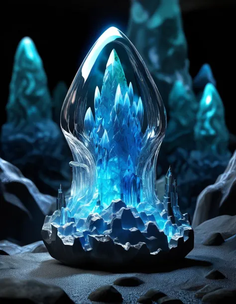 there is a crystal sculpture with a blue light inside of it