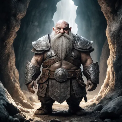 creative photo of a fantasy world dwarf with a long huge wide massive nose, the biggest nose in the world that dominates facial features, completely hairless body, tiny beady eyes, powerful muscles, and wearing heavy plate mail, standing in a cavern, solo.