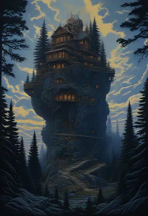 a painting of a castle in the middle of a forest