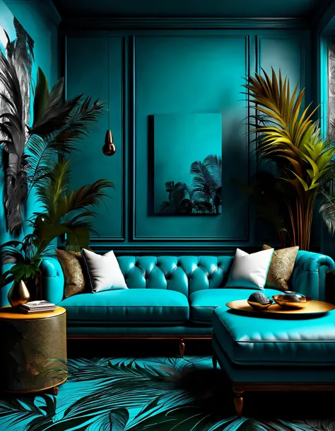 a Deep Demiurge of Furry texture Vibrant cyan Luxurious interior tropical backdrop