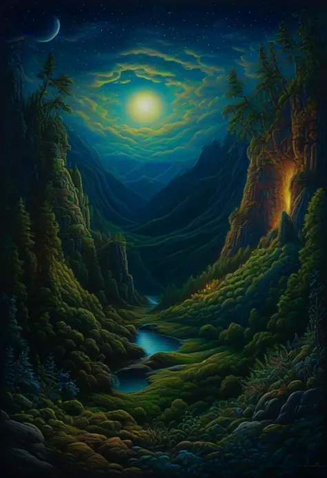 a painting of a mountain scene with a river and a moon