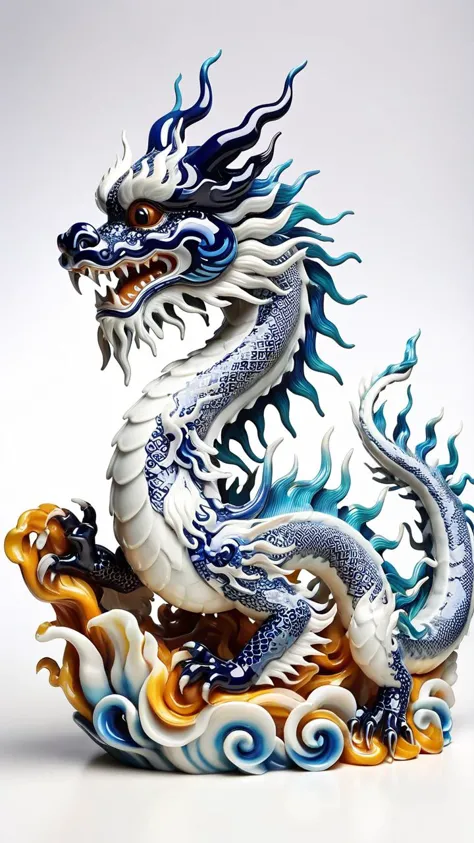 Movie Style, the cutest blue and white porcelain, cultural relic in the world, Dragon in blue and white porcelain style, cultural relic,white background, 3d printed, hdr, 8k, intricate details, cinematic light, sharp focus, vibrant color scheme, atmospheric perspective,  <lora:ral-varnish:0.8>