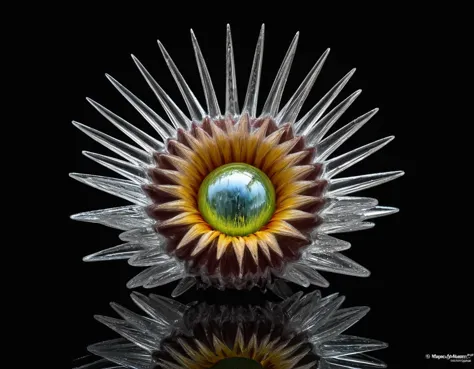 a close up of a flower with a reflection on a black surface