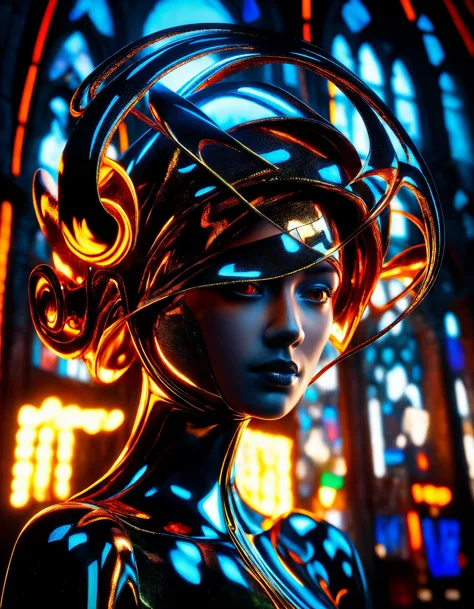 a woman with a futuristic headpiece in a church