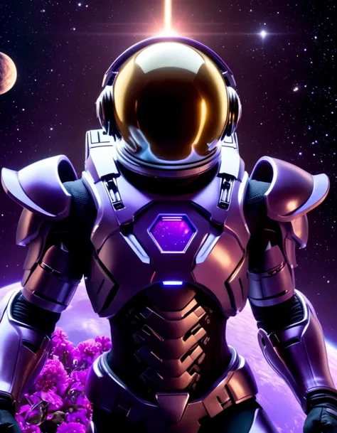 purple astronaut in space with planets in the background