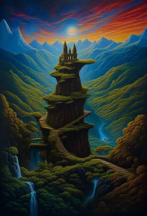 a painting of a castle on a cliff with a waterfall