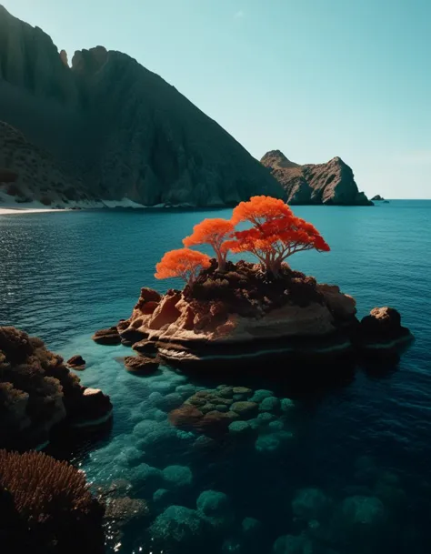 a lone tree on a small island in the middle of the ocean