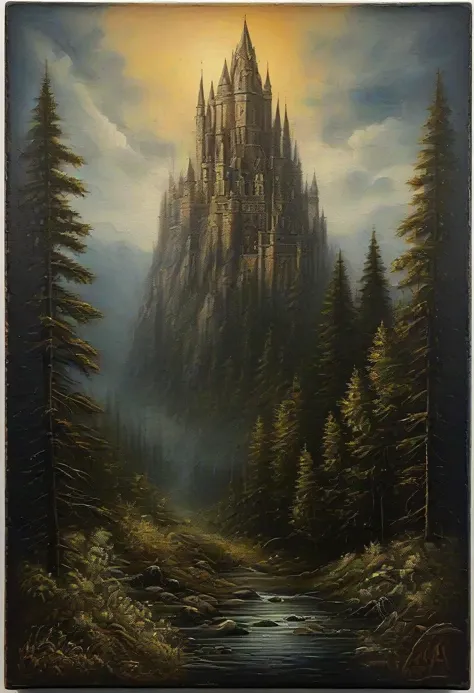 painting of a castle in the middle of a forest with a stream