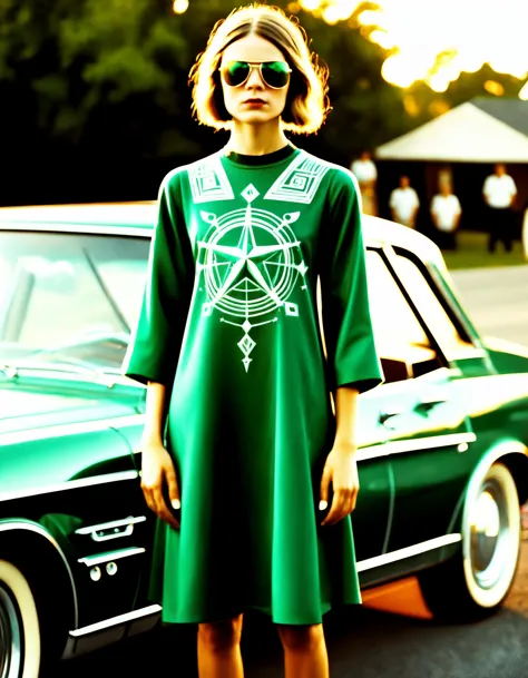 arafed woman in green dress standing in front of a car