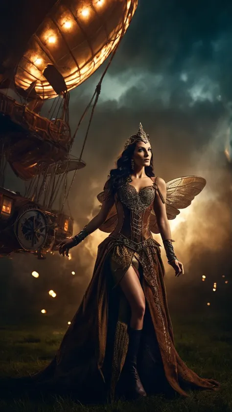 cinematic film still Split Lighting, realism, realistic photography of a  fairy, surrounded by glowing dark magic, full body shot, posing for a photoshoot, steampunk dirigible race with airships soaring through the sky, intricate details, ultra sharp,  <lora:Split Lighting style v2:1>