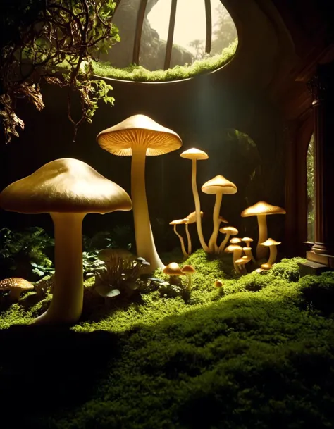 mushrooms are growing in a mossy area with a window