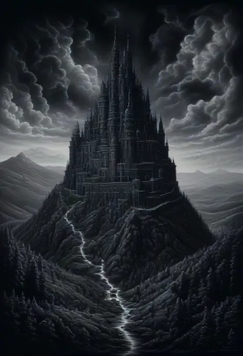 a black and white painting of a castle on a hill