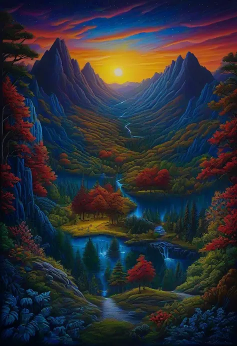 a painting of a mountain scene with a river and a sunset