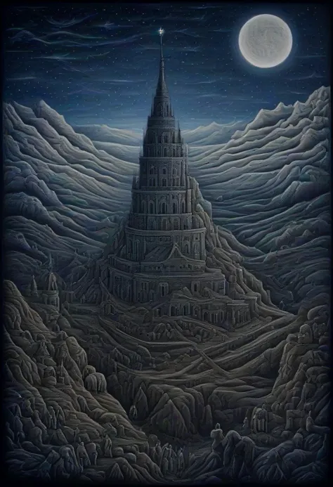 a painting of a tower of babe in the middle of a mountain