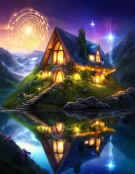 a house on a small island with a star in the sky