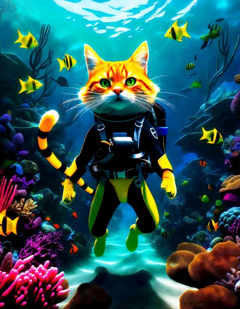 a close up of a cat wearing a scuba suit and holding a ball