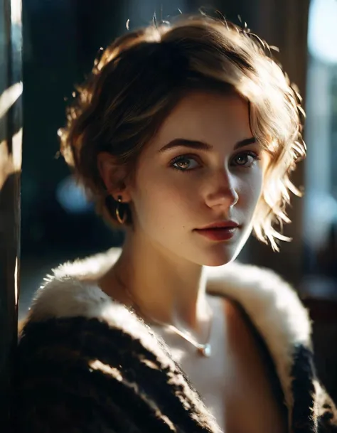 cinematic film still fashion photography portrait of 1girl,offshoulder,fluffy short hair,soft light,rim light,beautiful shadow,low key,(photorealistic, raw photo:1.2),(natural skin texture, realistic eye and face details),hyperrealism,ultra high res,4K,Best quality,masterpiece,necklace,(cleavage:0.8),in the dark, . shallow depth of field, vignette, highly detailed, high budget, bokeh, cinemascope, moody, epic, gorgeous, film grain, grainy