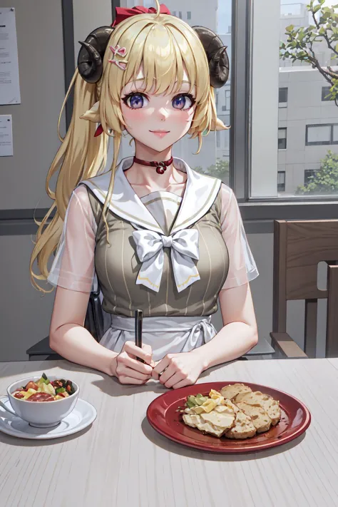 WatameCasual, ahoge, side ponytail, short hair, hairclip, vertical-striped dress, sailor collar, red choker, white bow, short sleeves, see-through sleeves, <lora:Char_VTuber_TsunomakiWatame:0.9>, food, simple background, elbows on table, cup, blurry background, indoors, upper body, <lora:Pos_AcrossTable:1>, seductive smile,