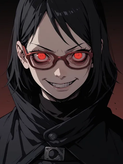 1girl, solo, sarada uchiha, black hair, short hair, red eyes, slit pupils, red-framed eyewear, bags under eyes, looking at viewer, evil smile, black cloak, black mantle, upper body, dark background, 
BREAK
score_9, score_8_up, score_7_up, score_6_up, score_5_up, sinozick style, flat color, dark theme, <lora:Sarada_Uchiha_XL_Pony_V2:0.9> <lora:Sinozick_Style_XL_Pony:0.9>