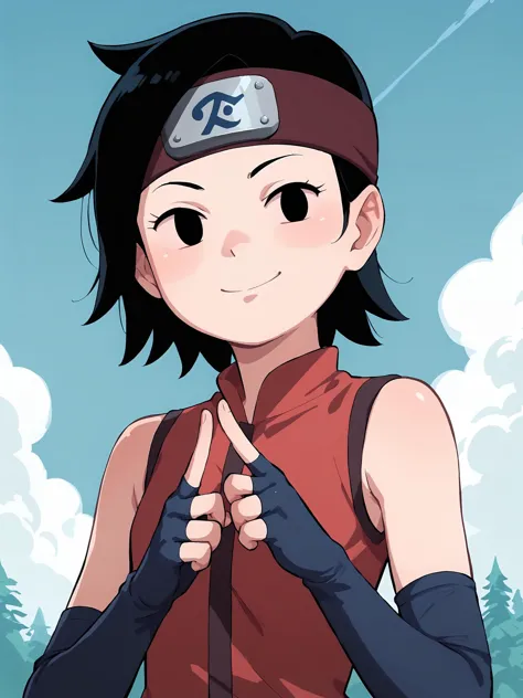 adventure time, 1girl, solo, sarada uchiha, short hair, black hair, black eyes, dot eyes, looking at viewer, naughty face, red dress, sleeveless, forehead protector, fingerless gloves, elbow gloves, white shorts, upper body, outdoors, blue sky,
BREAK
score_9, score_8_up, score_7_up, score_6_up, score_5_up, <lora:Sarada_Uchiha_XL_Pony_V2:0.9>