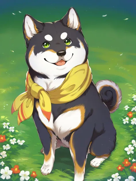 a close up of a dog wearing a scarf in a field of flowers