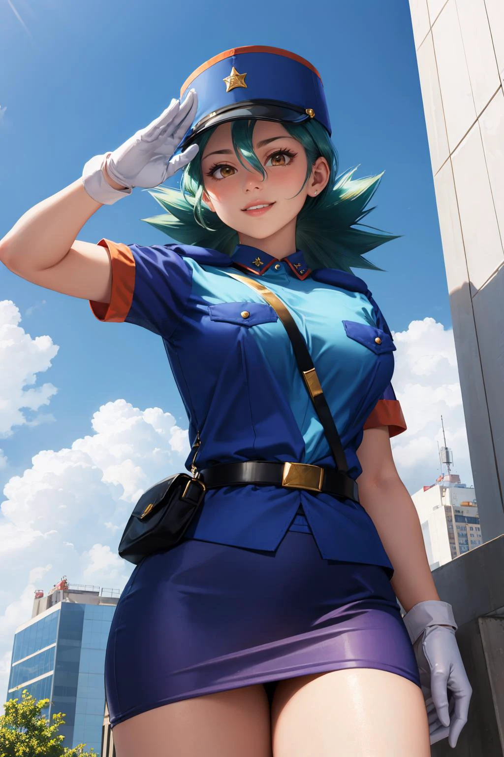 masterpiece, best quality, pkmnJenny, blue hat, police uniform, blue shirt, short sleeves, belt, pencil skirt, white gloves, cowboy shot, looking at viewer, smile, cityscape, blue sky, mature woman, large breasts, salute,, from below