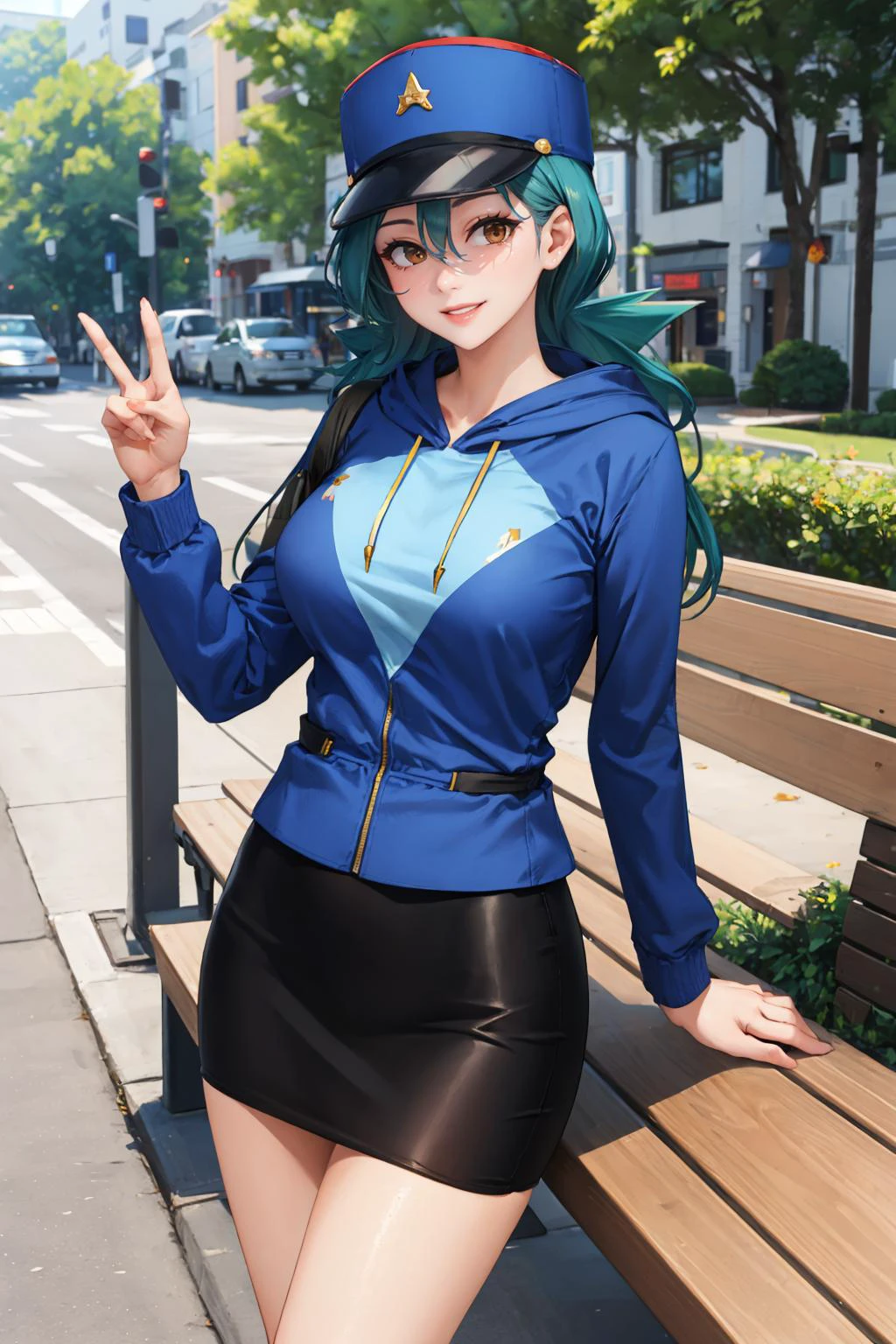 masterpiece, best quality, pkmnJenny, blue hat, blue hoodie, pencil skirt, park, bench, trees, mature woman, large breasts, high heels, cowboy shot, smile
