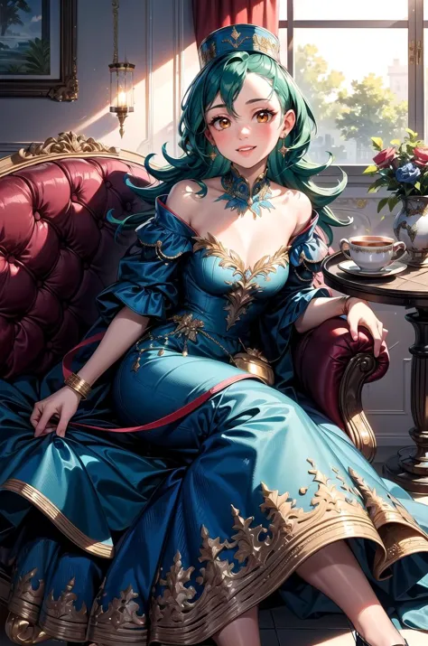 (masterpiece, best quality, detailed), 1girl, solo, pkmnJenny, looking at viewer,
<lora:wrenchelegadome:0.7>, wrenchelegadome, blue dress, layered dress, long dress, indoors, window, curtains, armchair, lamp, vase, tile floor, teacup, tray, skirt lift, parted lips, smile