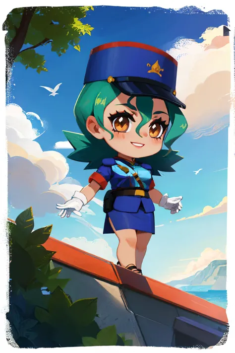 (masterpiece, best quality:1.2),  border, chibi, solo, 1girl, pkmnJenny, smile, looking at viewer, blue hat, police uniform, blu...