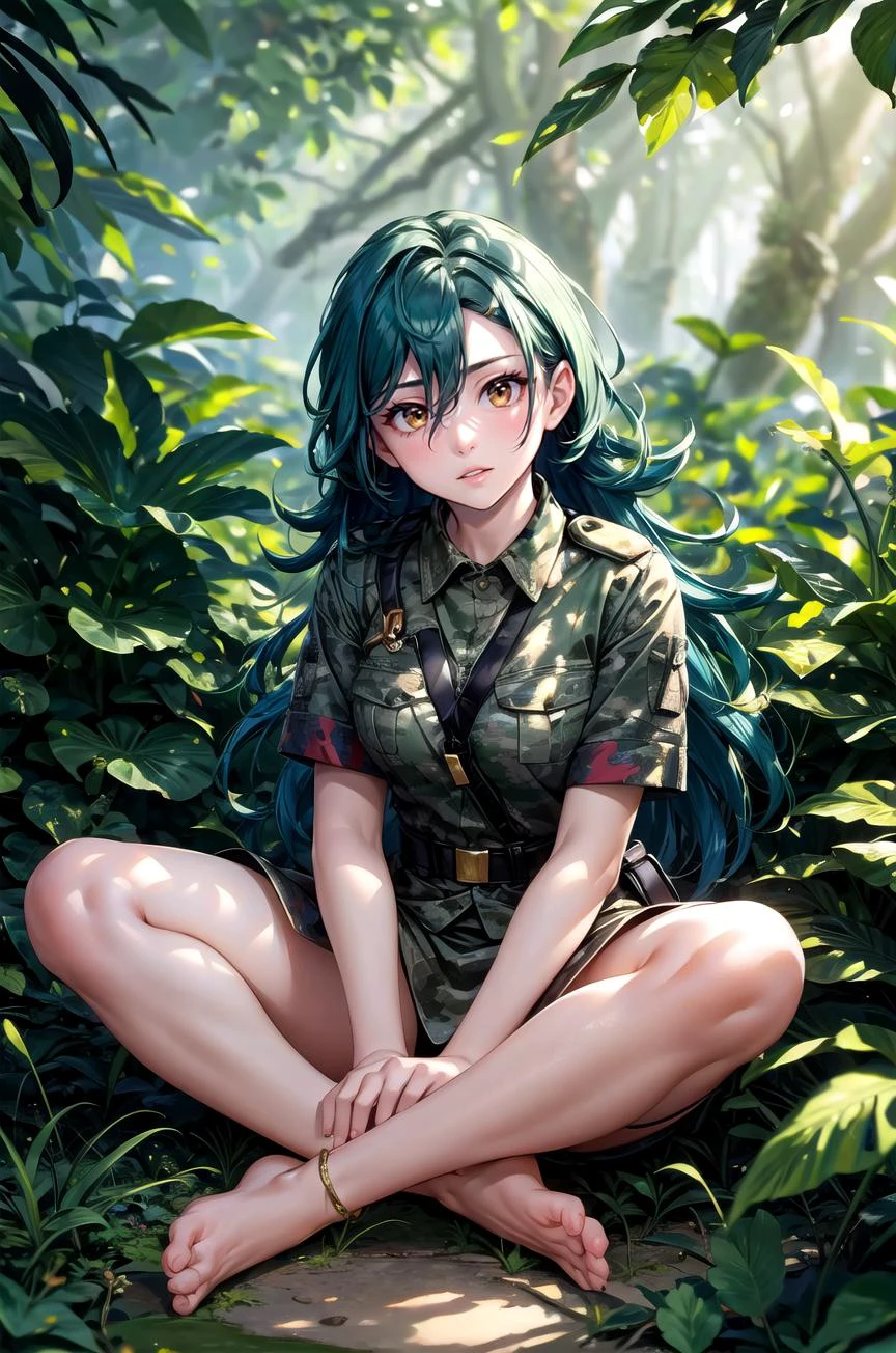 (masterpiece, best quality, detailed), 1girl, solo, looking at viewer, 
pkmnJenny, wearing camouflage_uniform, jungle, nature, vines, moss, fern, tropical, dappled sunlight, parrot, dirty, indian style, hands on feet, parted lips