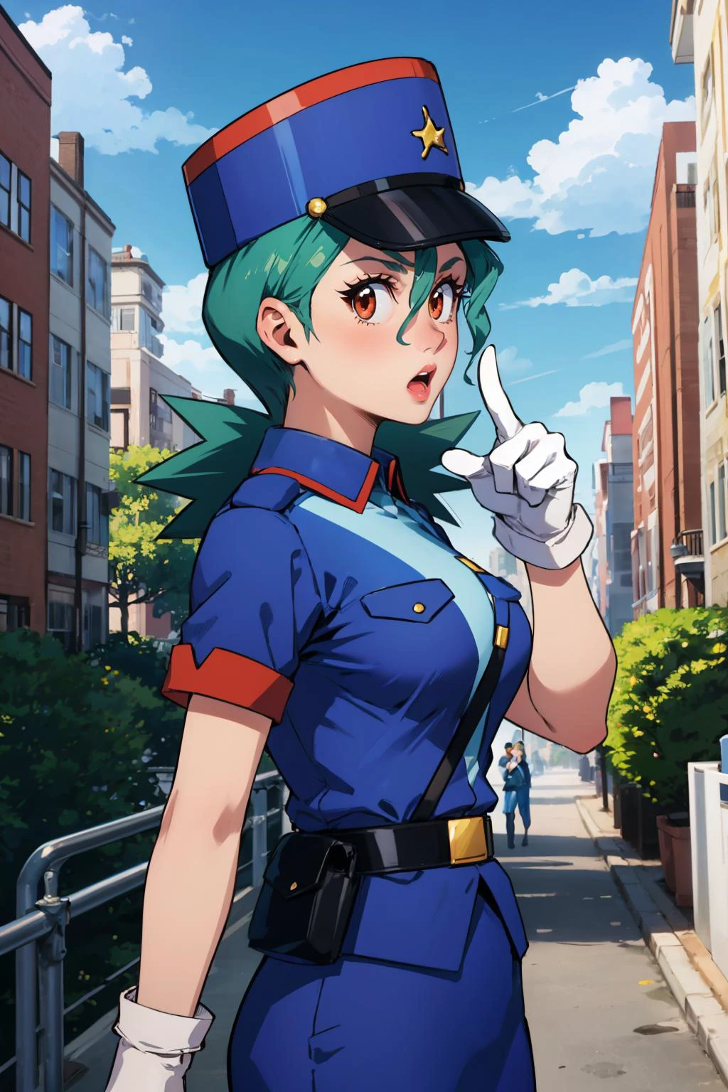 masterpiece, best quality, pkmnJenny, blue hat, police uniform, blue shirt, short sleeves, belt, pencil skirt, white gloves, cityscape, blue sky, mature woman, large breasts, furrowed brow, :o, lipstick, pointing, standing, dynamic pose, from side, surprised, looking at viewer