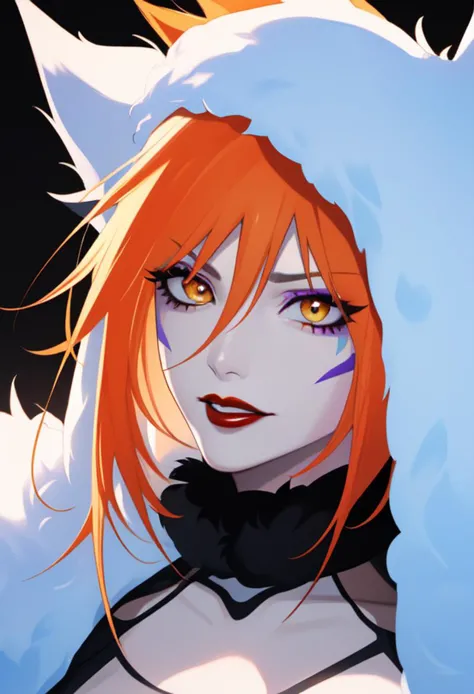 a close up of a woman with orange hair and a cat ears