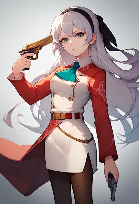 score_9, score_8_up, score_7_up, solo, 1girl, zeroElie, expressionless, looking at viewer, gun to head, holding weapon, holding gun, black hairband, hair ribbon, long hair, green eyes, ascot, uniform, long red sleeves, white dress, pencil skirt, belt, pantyhose <lora:concept_guntohead_ponyXL:1> <lora:elie-pdxl-nvwls-v1:1>