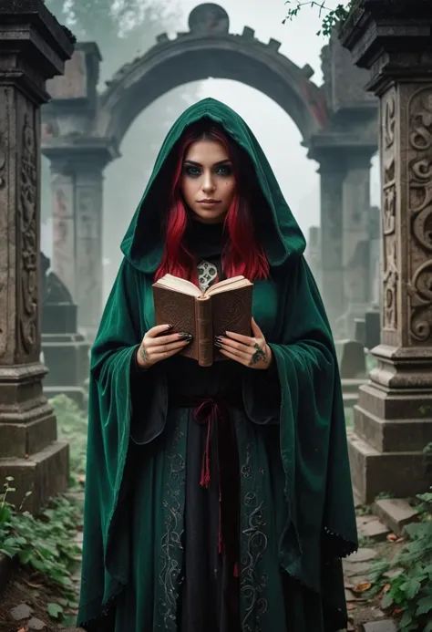 (medium full shot) of (mystical necromancer) young woman, mexican, caramel skin, green eyes, medium build, long hazel half-up ha...